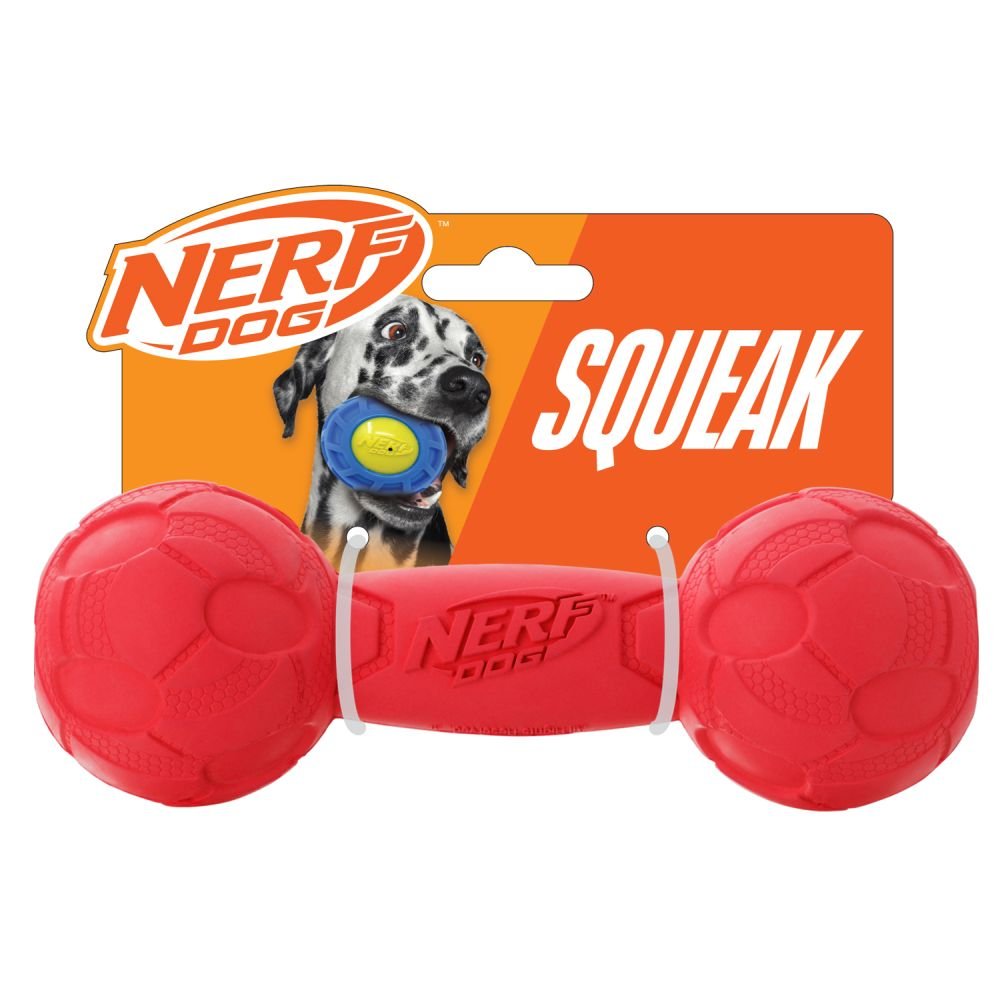Nerf Dog Rubber Bash Squeak Barbell 7in Red 1x2